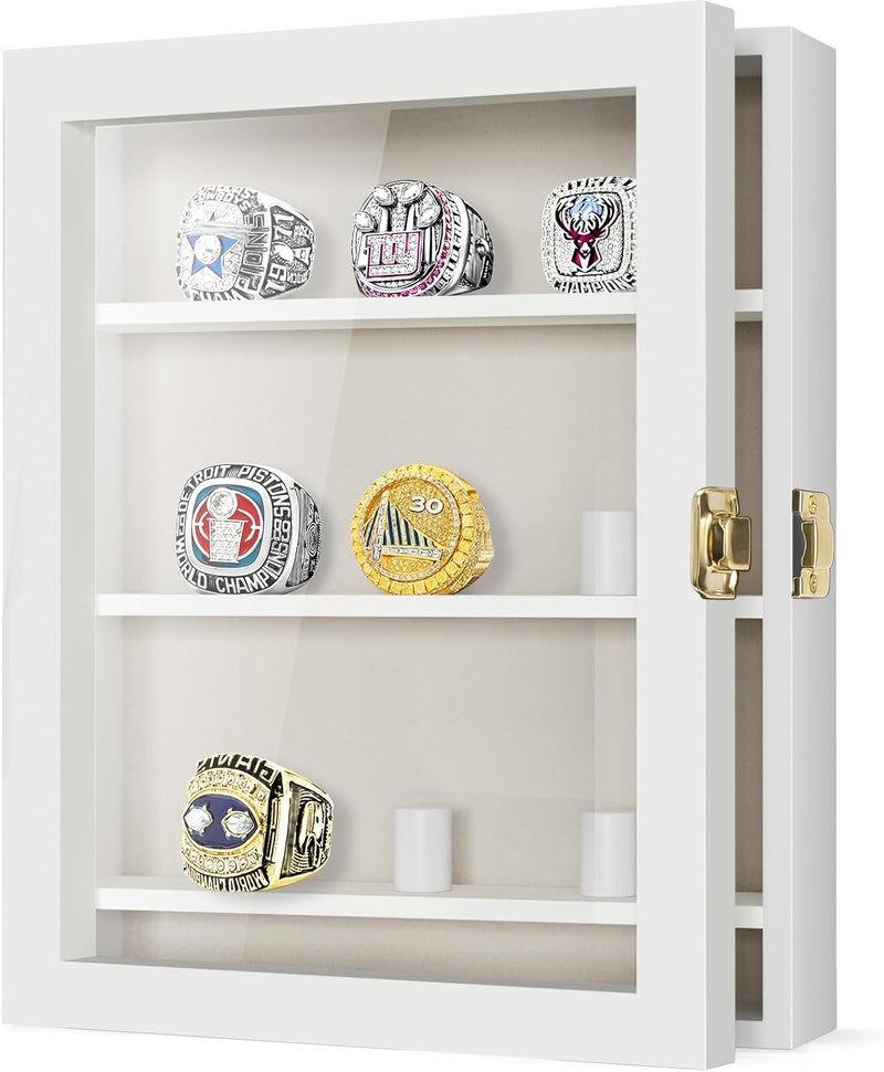 TJMOREE Championship Ring Display Case, 9 Ring Posts Baseball Ring Display Case, 8 x 10 Wall Mount Wooden Glass Shadow Box with Locks to Show Sport, Class, Fraternity, and Award Rings - White - Image 1
